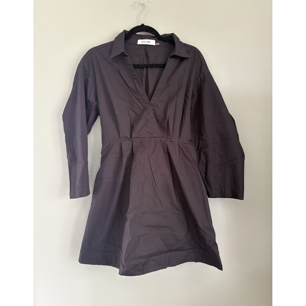 DO+BE Women's M Black Solid Woven Cotton Collared Shirt Dress Pockets Tie